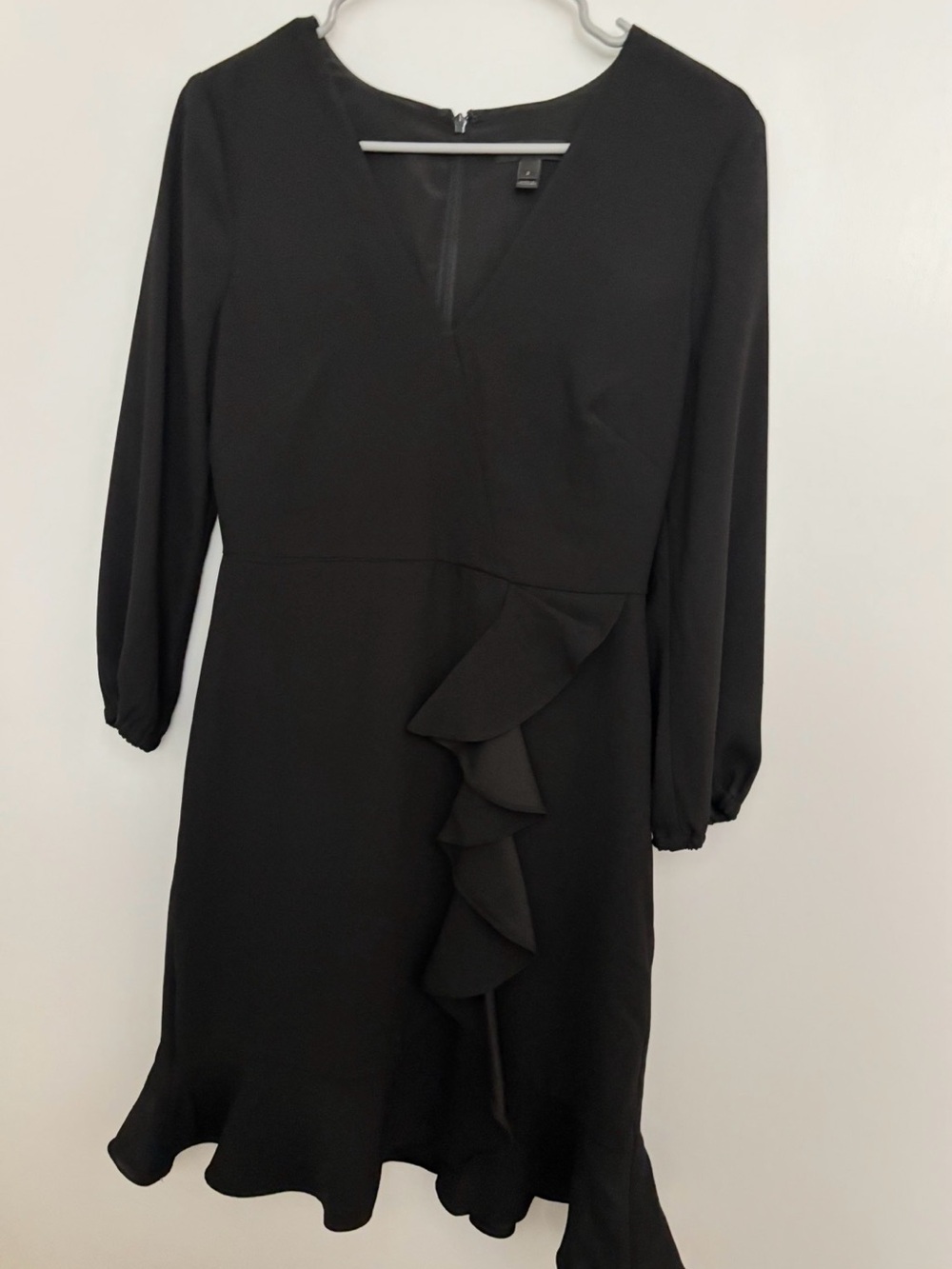 J. Crew Black V-Neck Ruffle-Front Long Sleeve Dress